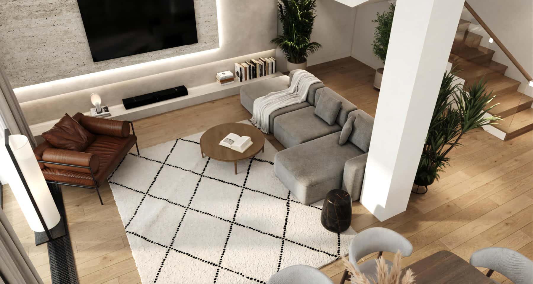 Przytulny salon hygge Jasny salon w skandynawskim stylu z kominkiem i minimalistycznymi dodatkami.