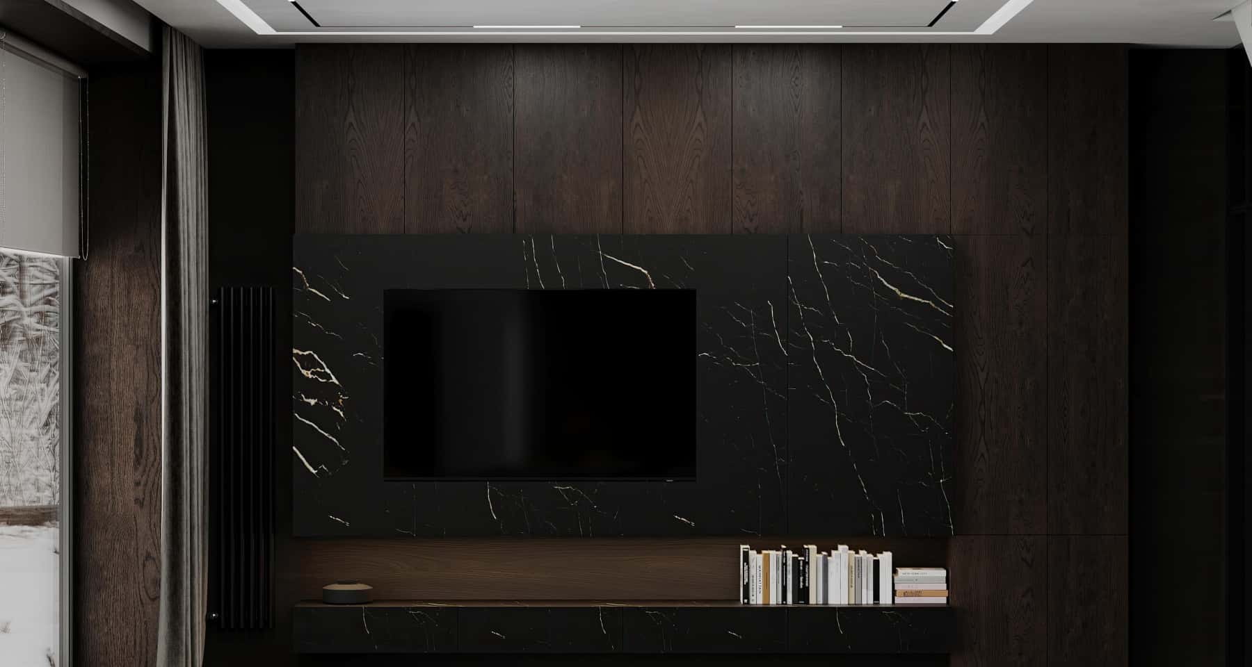 Wnętrze z Duszą Neoklasyczne wnętrze domu z panelami fornirowanymi i eleganckim oświetleniem. Projekt 2026.