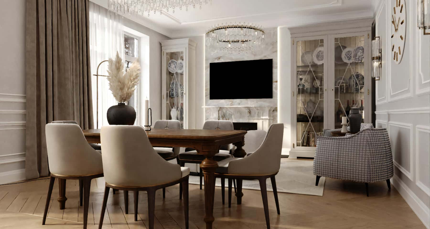 Neoklasyczny salon 2026 Elegancki neoklasyczny salon z lekkimi kolorami i fornirowanymi panelami ściennymi.