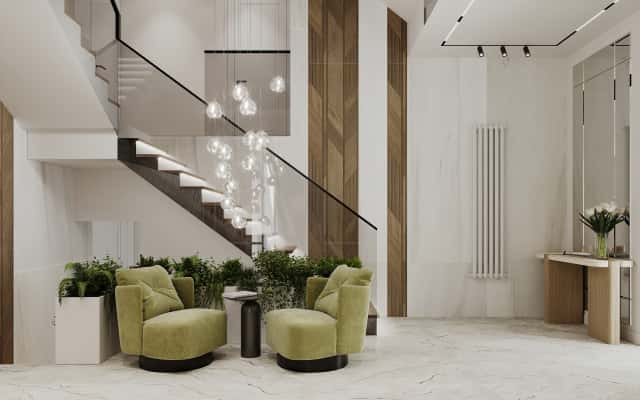 Nowoczesny design wnętrza domu z elementami minimalizmu i naturalnych tekstur.