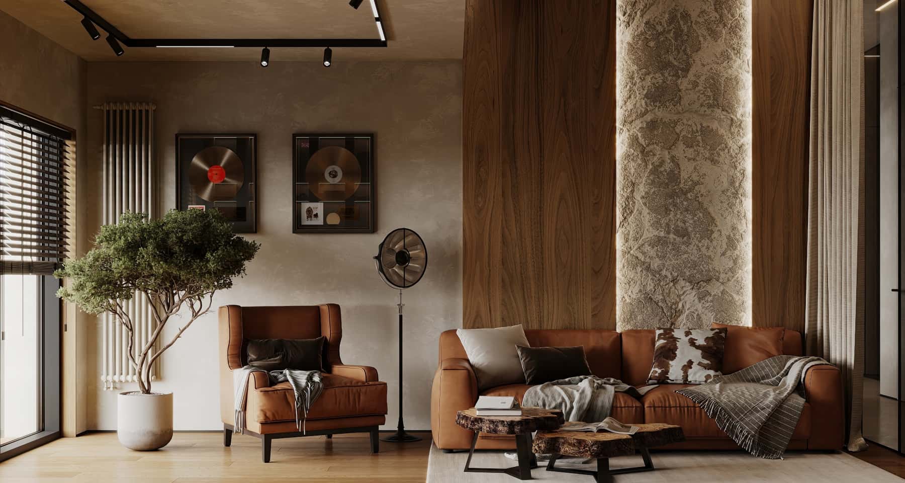 Minimalistyczna kuchnia połączona z salonem w domu za miastem w 2026 roku.