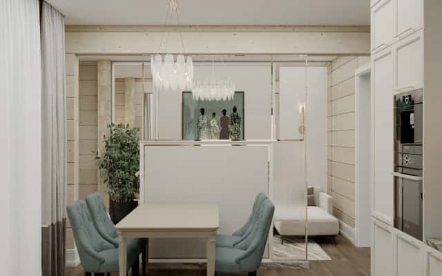 Elegancja w holu Przestronny neoklasyczny hol z eleganckimi panelami fornirowanymi i subtelnym oświetleniem.