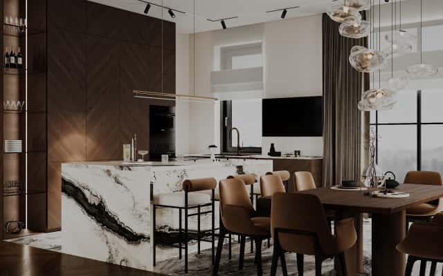 Stylowe wnętrze domu za miastem z naturalnymi materiałami i neutralną paletą kolorów. Minimalizm 2026.