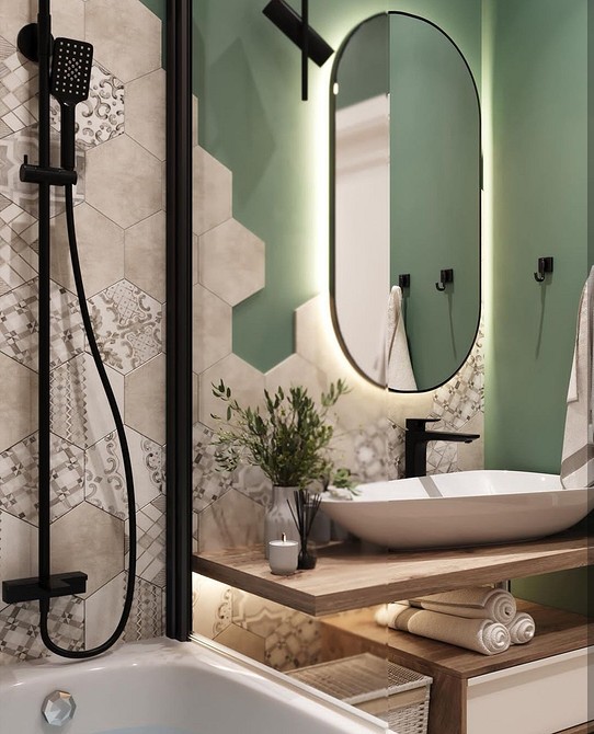 Elegancki drewniany blat w łazience z dwiema umywalkami.