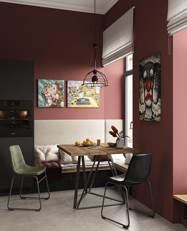 Mały narożnik kuchenny przy oknie, idealne miejsce na śniadanie. Funkcjonalna mała kuchnia.