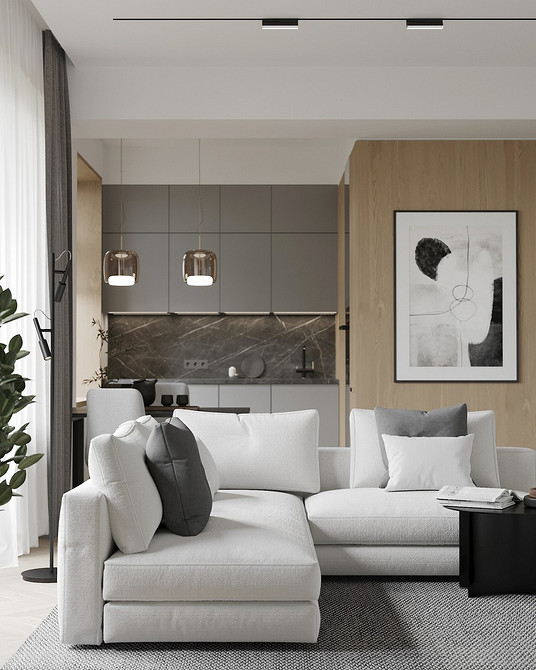 Nowoczesna kuchnia z narożnikiem, stół i duże okno - styl skandynawski.