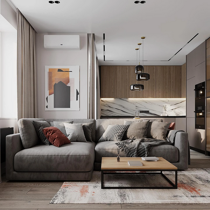 Narożnik velvet do salonu Stylowy niebieski narożnik z velvetu jako centralny punkt aranżacji salonu w stylu loft.