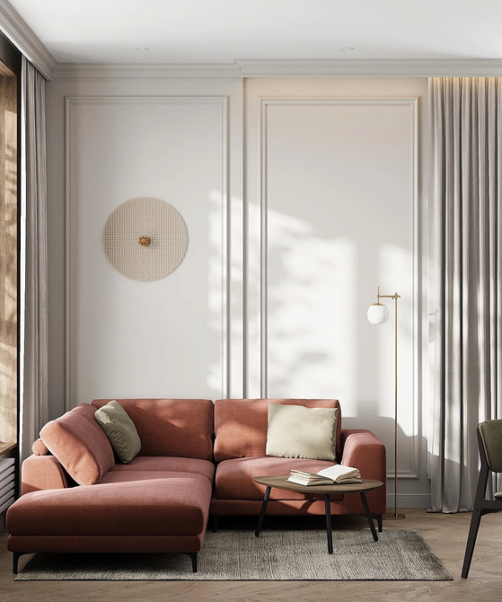 Narożnik w stylu loft Niebieski narożnik w nowoczesnym salonie w stylu loft, dopasowany do małego mieszkania.