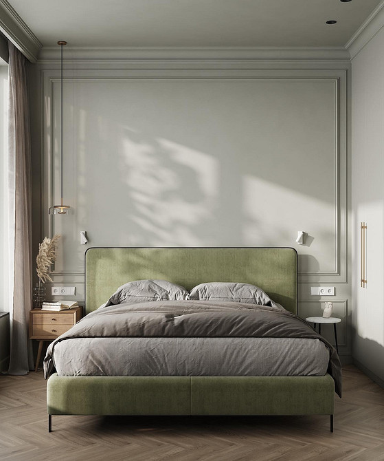 Nowoczesne łóżko na podium w sypialni, neutralne kolory dla przytulnej atmosfery.