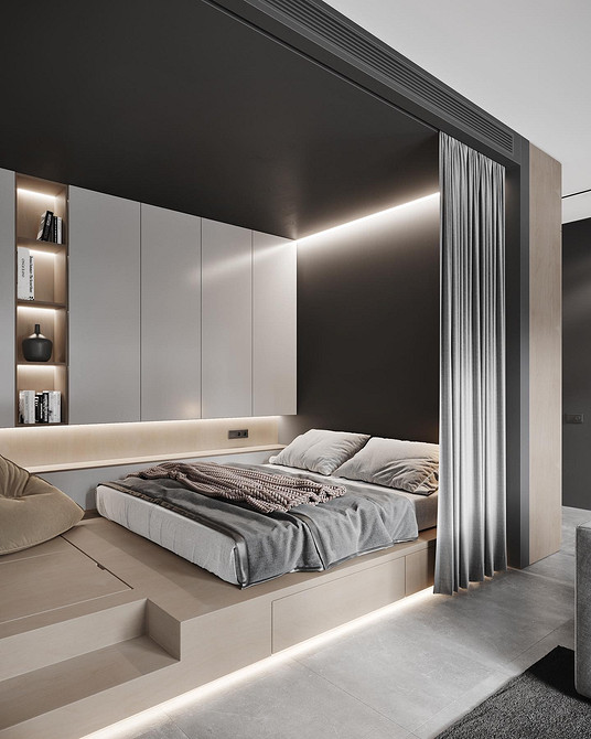 Sypialnia z łóżkiem na podium i drewnianymi panelami na ścianie. Loftowy design.