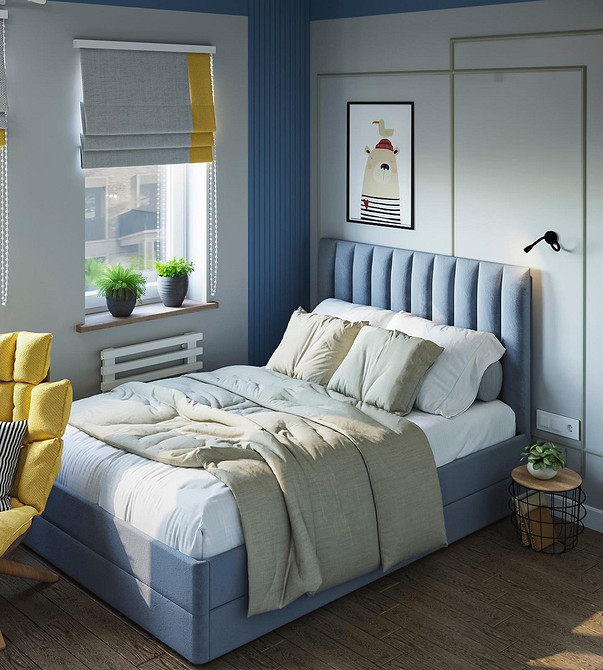 Elegancka sypialnia z łóżkiem na podium, podświetlenie dodaje głębi przestrzeni.