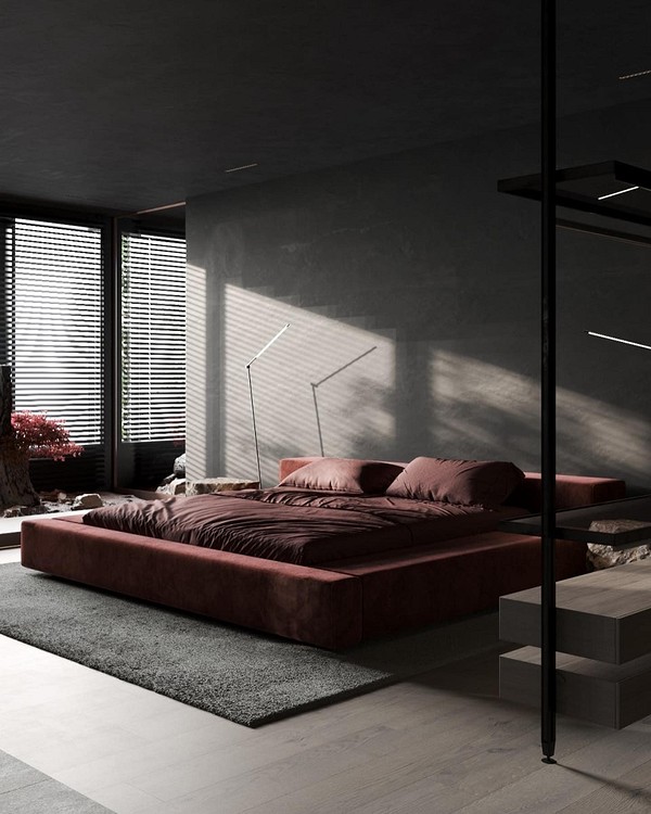 Sypialnia z łóżkiem na podium i wykorzystaniem naturalnych materiałów w aranżacji.