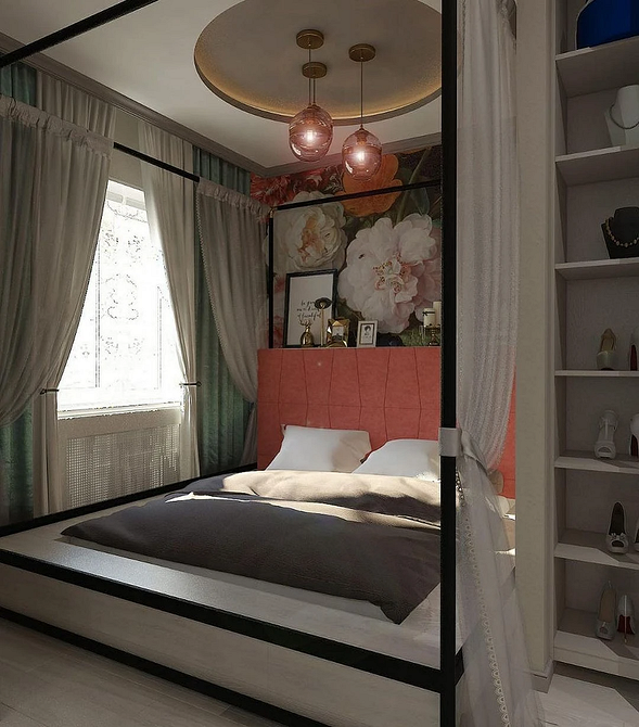 Design sypialni z niskim łóżkiem na podium, nowoczesny i stylowy wygląd.