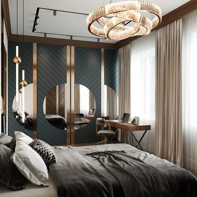 Lustrzana szafa przesuwna w salonie Elegancka szafa przesuwna z lustrem w jasnym salonie, o nowoczesnym designie.