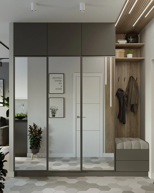 Szafa lustrzana z matowym szkłem w salonie, nowoczesny design i subtelne oświetlenie.