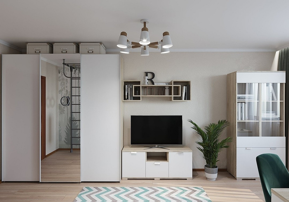 Nowoczesna szafa lustrzana z podświetleniem w salonie. Dodatkowe oświetlenie i design.