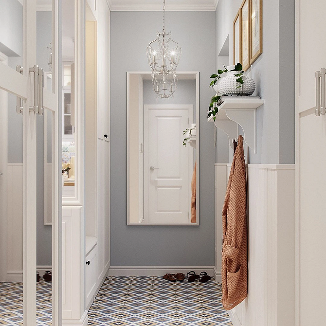 Wbudowana szafa lustrzana w nowoczesnym salonie, oszczędność przestrzeni i minimalizm.