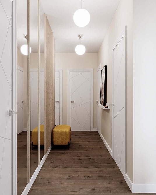 Szafa lustrzana od podłogi do sufitu w salonie, optyczne powiększenie przestrzeni.