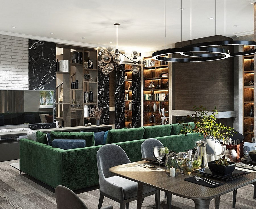 Miętowa sofa w jasnym salonie z dużym oknem i roślinami doniczkowymi