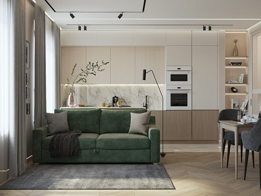 Zielony akcent w domu Aranżacja wnętrza z zieloną kanapą, tekstyliami i elementami dekoracyjnymi dla przytulności.