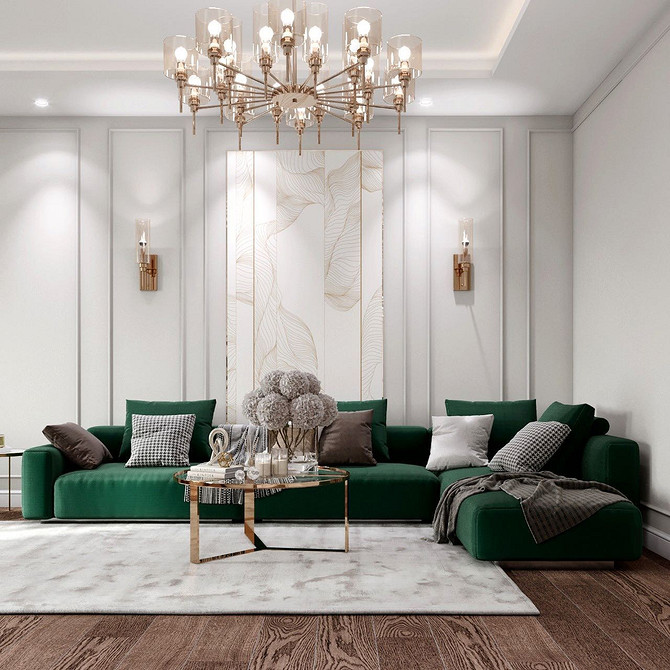 Jasność i zieleń Jasny salon z zieloną kanapą, zasłonami i poduszkami w neutralnych kolorach