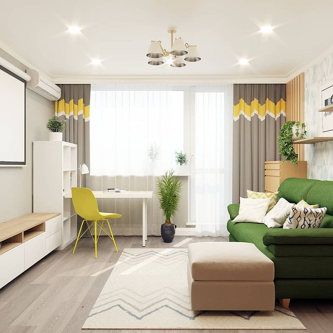 Salon z zieloną sofą narożną i dywanem w tym samym odcieniu aranżacje 2026