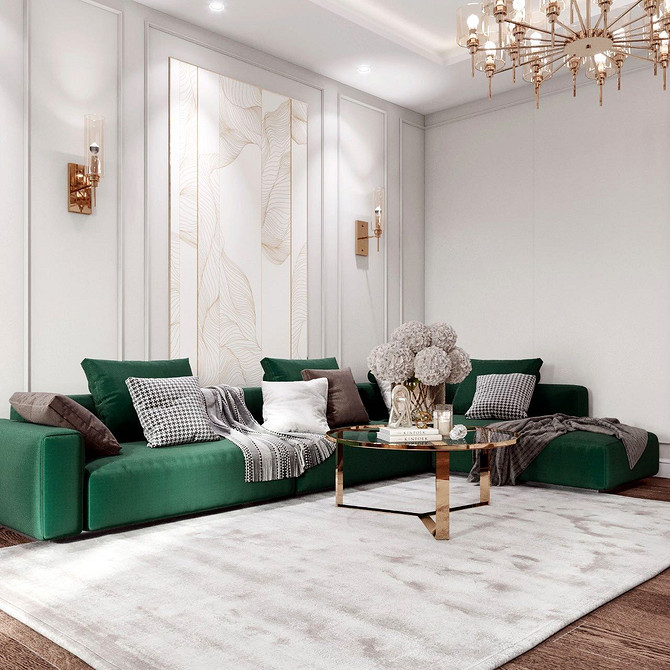 Welur i styl Stylowa zielona kanapa z różnorodnymi poduszkami i teksturami, welur