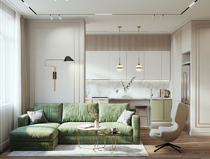 Minimalizm i zieleń Zielona kanapa w minimalistycznym wnętrzu z akcentem na kolor