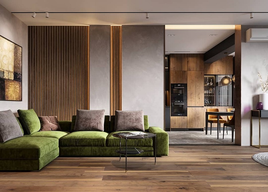 Zielona sofa w salonie Zielona sofa we wnętrzu salonu z drewnianymi elementami i dywanem w stylu loft.