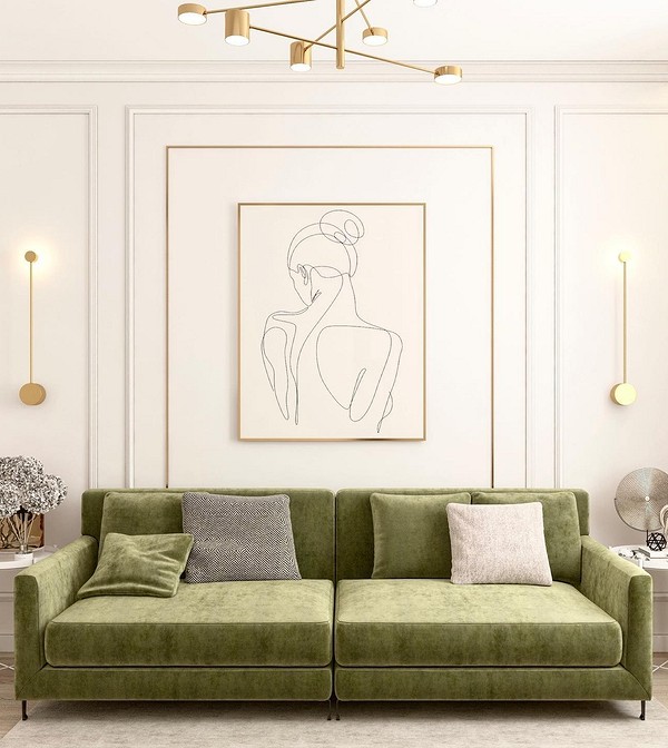 Zielona sofa modern Zielona sofa w stylu modern z metalowymi nóżkami i minimalistycznym wystrojem, dodająca industrialnego charakteru.