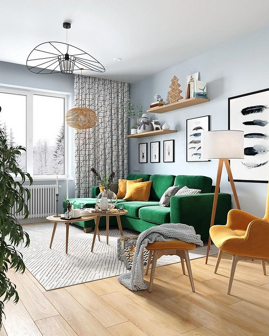 Zielona kanapa: detale Zielona kanapa z dekoracyjnymi poduszkami i tekstyliami, idealna do domu