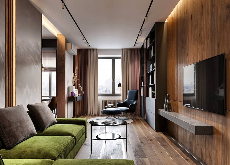 Minimalistyczna zielona sofa Nowoczesna zielona sofa w minimalistycznym salonie z białymi ścianami.