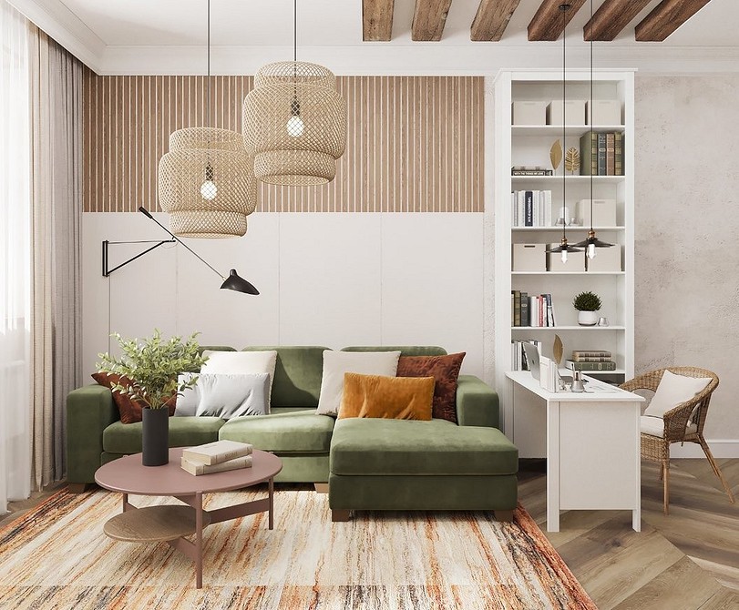 Nowoczesna zieleń w salonie Nowoczesny salon z zieloną kanapą, jasnymi ścianami i tekstylnymi dodatkami.