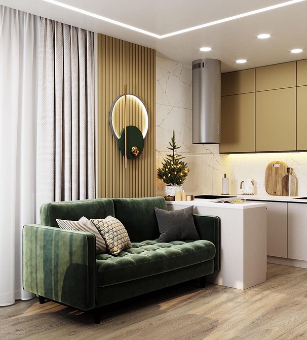 Styl i zieleń Stylowa zielona kanapa w aranżacji wnętrz, dopełniona dekoracjami i tekstyliami.