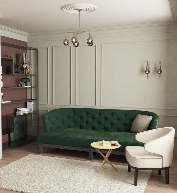 Salon z zieloną sofą: aranżacje kolorystyczne i tekstury wnętrza w 2026 roku.