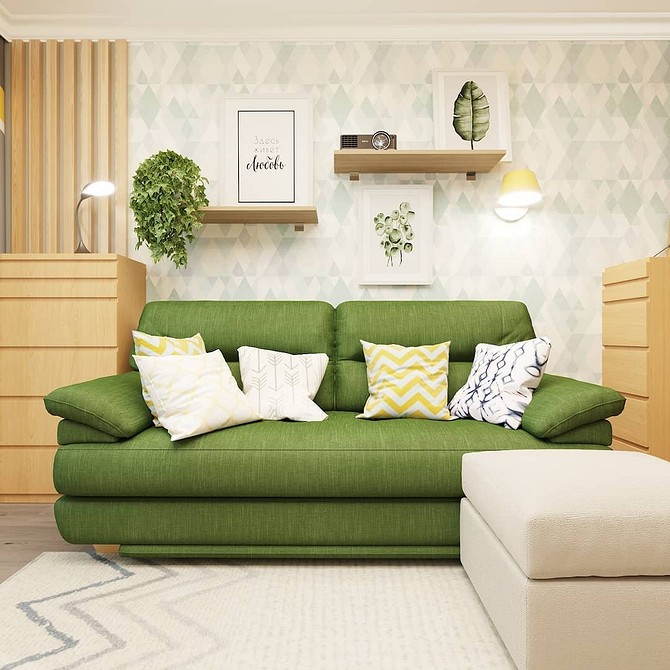 Salon z ciemnozieloną sofą i żółtymi akcentami aranżacje 2026