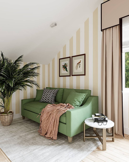 Nowoczesna zieleń Zielona kanapa w nowoczesnym wnętrzu. Połączenie kolorów i tekstyliów w salonie.