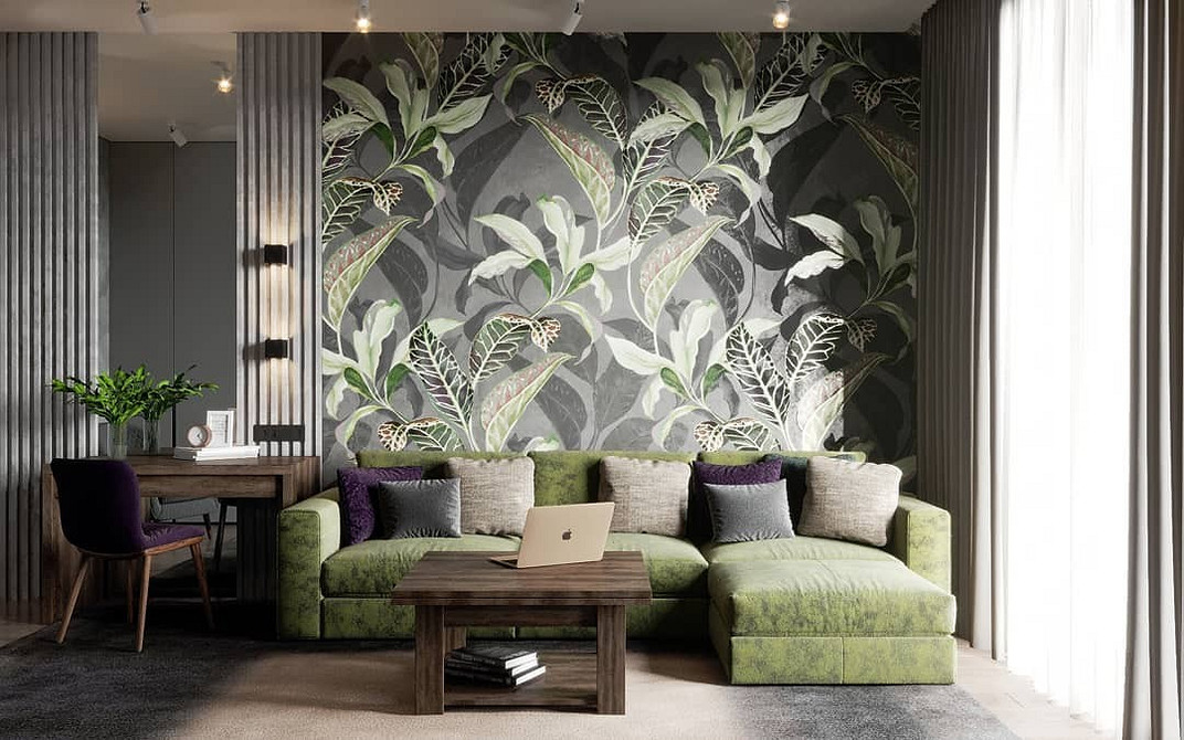 Zieleń i tekstylia Zielona kanapa w zestawieniu z dywanem i zasłonami, tekstylia do domu