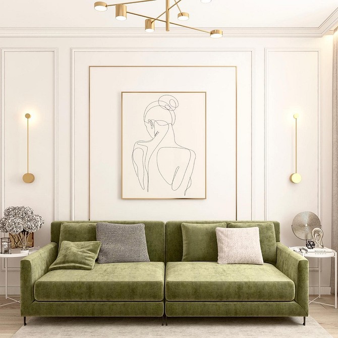 Zielona sofa roślinna Zielona sofa z roślinnym motywem w ekologicznym wnętrzu salonu.
