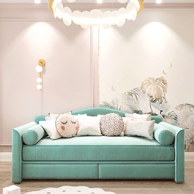 Salon z jasnozieloną sofą i kolorowymi poduszkami aranżacje 2026