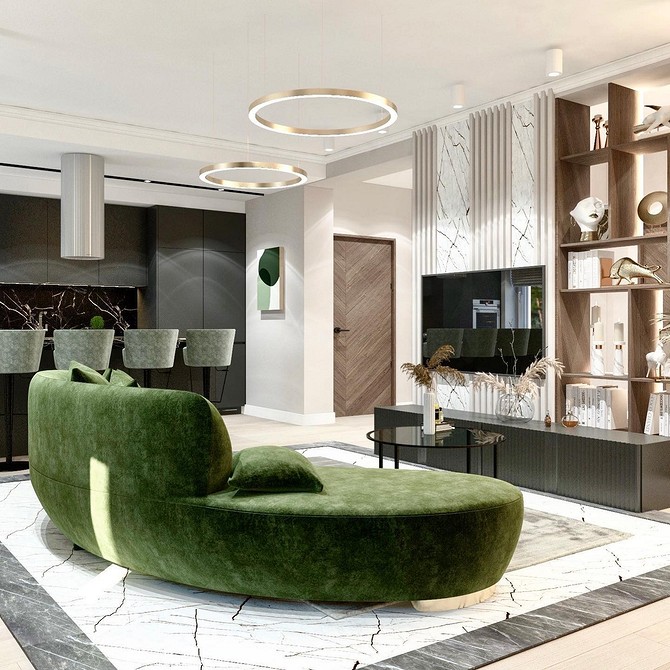 Klasyczna skórzana sofa Zielona skórzana sofa w klasycznym wnętrzu z półkami na książki.
