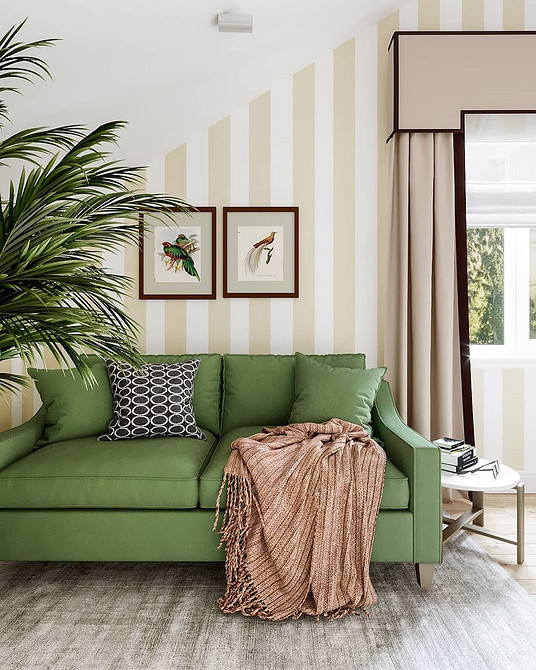 Minimalistyczna zieleń Zielona kanapa w minimalistycznym wnętrzu. Kolory i zasłony w domu.