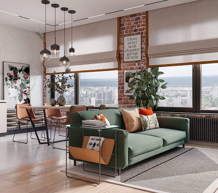 Zieleń i harmonia Harmonijne połączenie: zielona kanapa, dekoracyjne poduszki i pasujące zasłony.