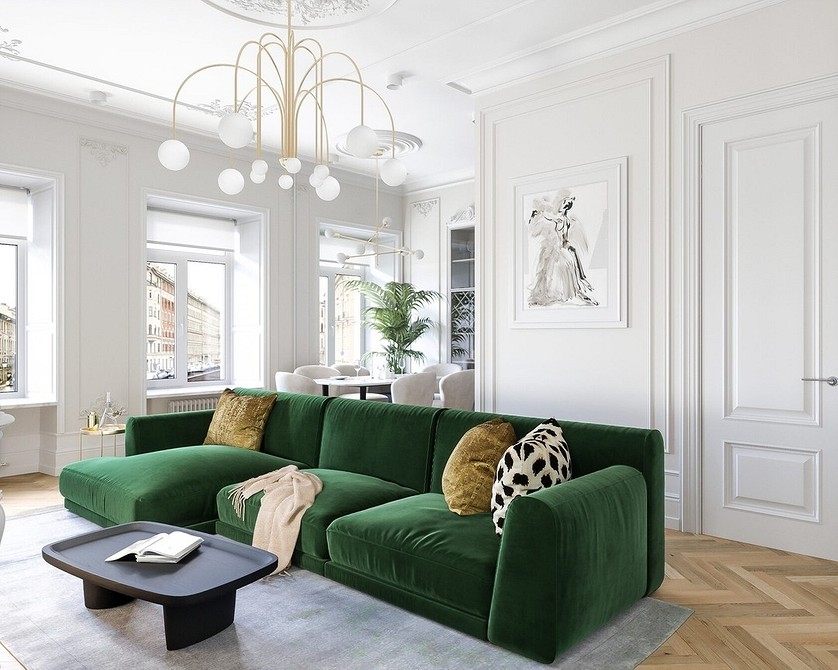 Elegancja w zieleni Elegancka zielona kanapa z poduszkami w jasnym wnętrzu. Aranżacja wnętrz 2026.