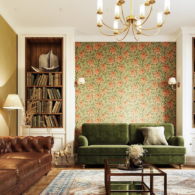 Stylowa zielona sofa w salonie z poduszkami o różnych kolorach i fakturach.