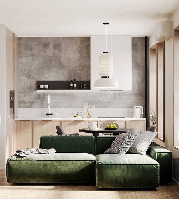 Komfortowa zieleń Wygodna zielona kanapa z poduszkami i pledem w przytulnym wnętrzu