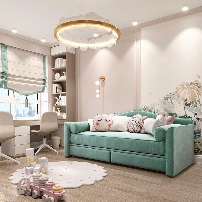 Salon z miętową sofą i akwarelami na ścianach aranżacje 2026