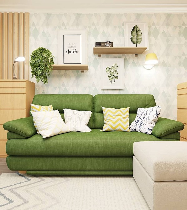 Zielona sofa z poduszkami w salonie: połączenie kolorów i materiałów 2026