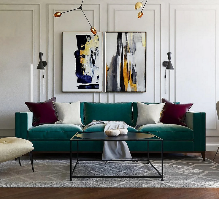 Szmaragdowa sofa klasyczna Elegancka zielona sofa w kolorze szmaragdu w klasycznym wnętrzu salonu, dodająca luksusowego charakteru.