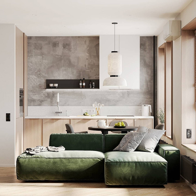 Komfortowy welur Nowoczesna zielona kanapa z miękkim welurem w pokoju.